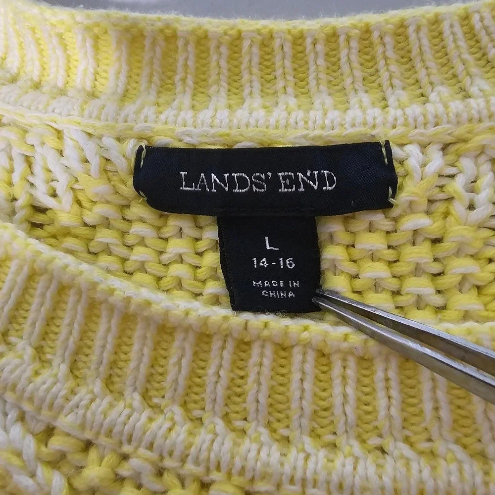 Lands End Sweater Women L Yellow White Honeycomb Chunky Cable Knit Cotton Preppy